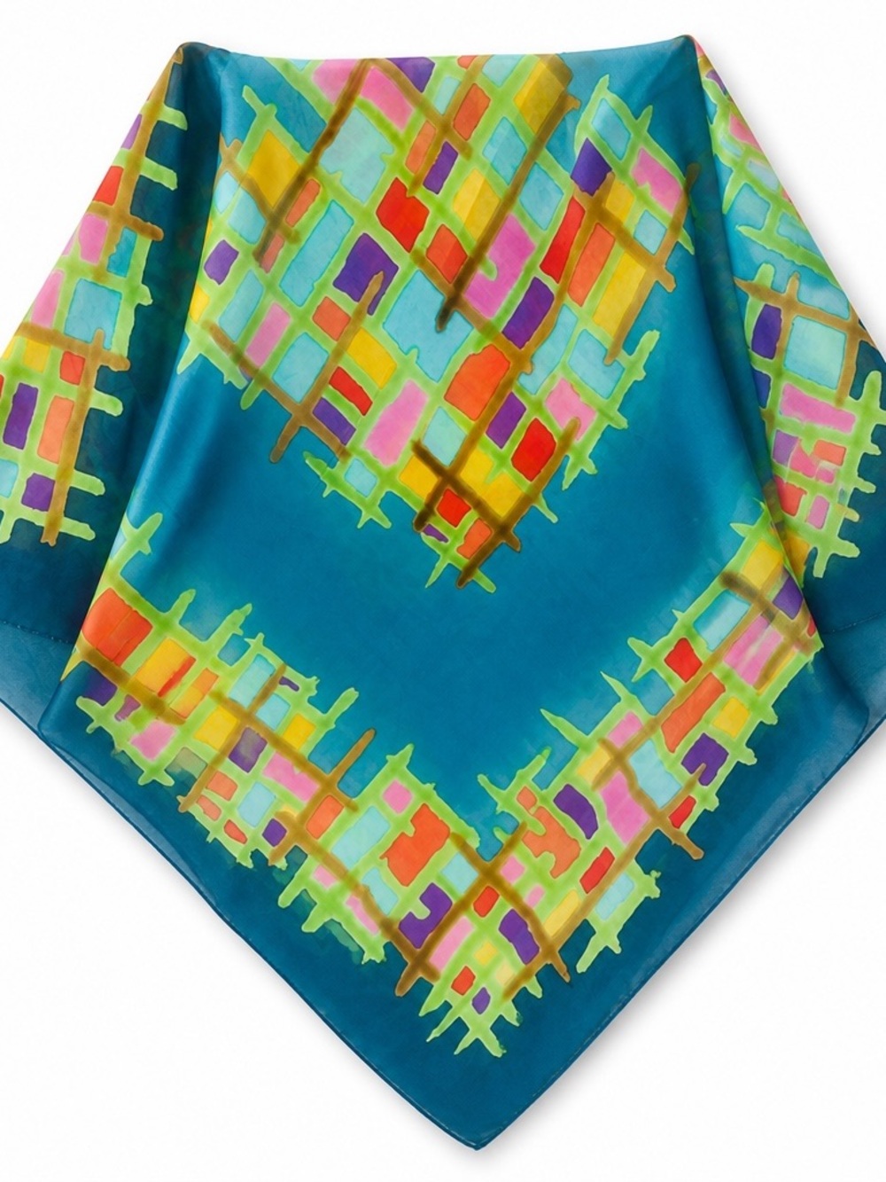 Vibrant Teal  💯 Silk Scarf with Multicolor Geometric Print